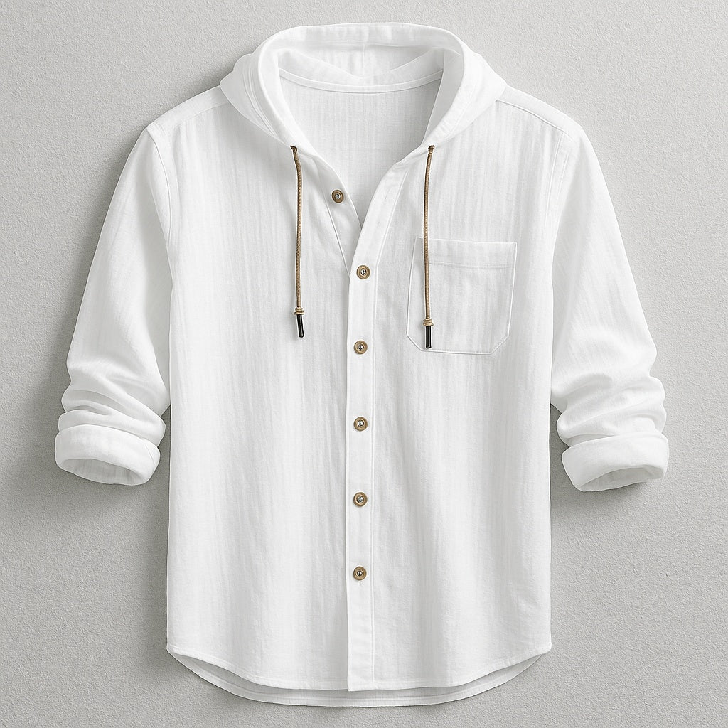 Camisa de linho e algodão masculina com capuz para um look casual e relaxado, manga comprida versátil.