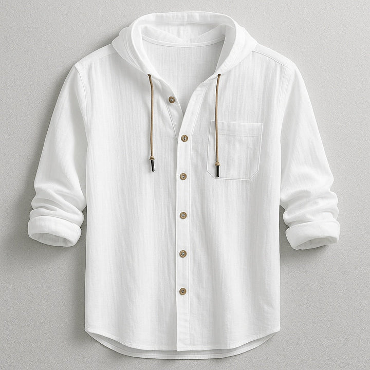 Camisa de linho e algodão masculina com capuz para um look casual e relaxado, manga comprida versátil.