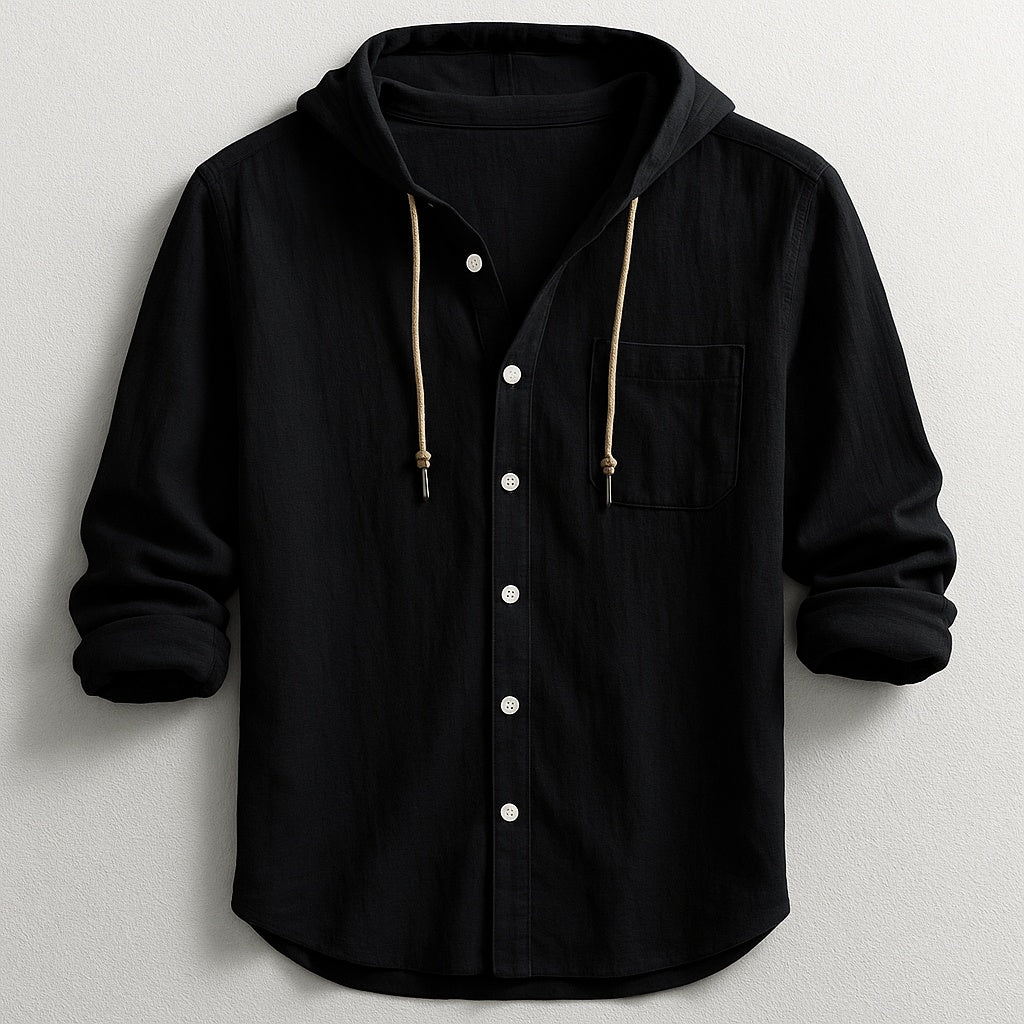 Camisa de algodão e linho blend para homem, com capuz e manga comprida, versátil para primavera/outono casual.