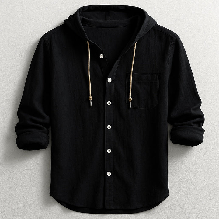Camisa de algodão e linho blend para homem, com capuz e manga comprida, versátil para primavera/outono casual.