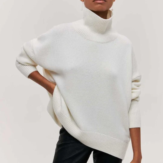 Camisola feminina oversize de gola virada para outono/inverno. Conforto, elegância e estilo casual chique.