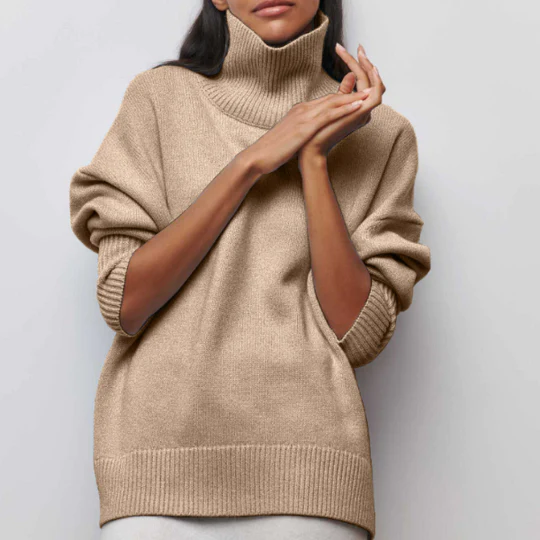 Camisola feminina oversize confortável de manga comprida e gola virada, ideal para moda inverno/outono.