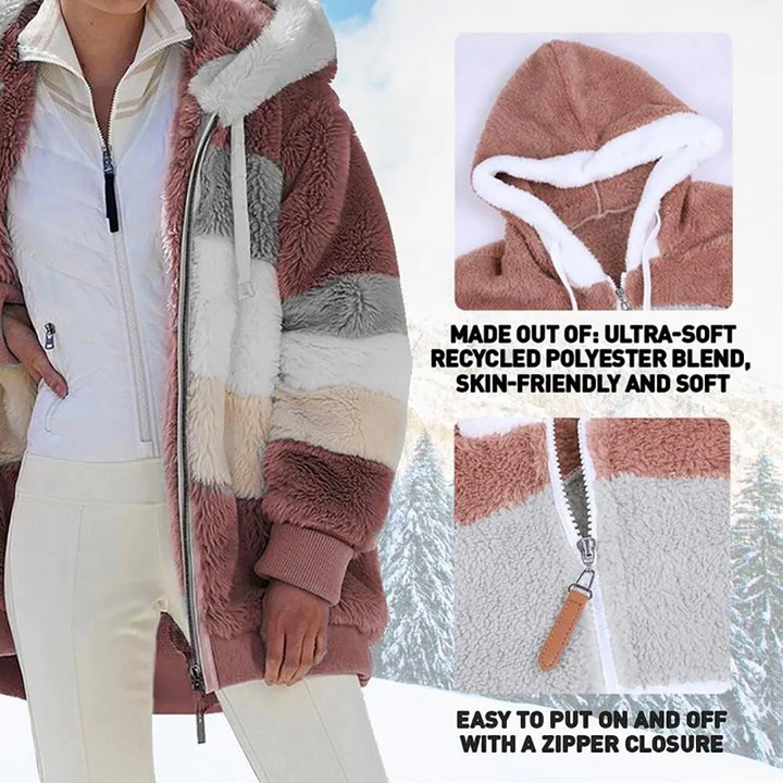 Confortável casaco feminino acolchoado em contraste. Ideal para manter-se aquecida com estilo no inverno.