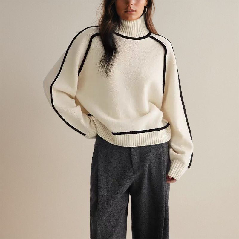 Elegante camisola feminina de gola alta. Roupa aconchegante para outono e inverno, combinando moda e bem-estar.