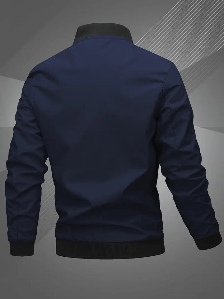 Blusão bomber masculino gola baseball em cabide, casaco poliéster para outono/primavera, estilo urbano.