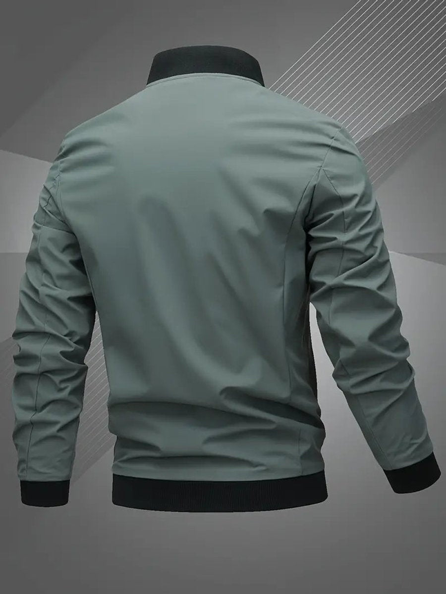 Zíper blusão bomber masculino gola baseball, funcionalidade e estilo casual para outono.