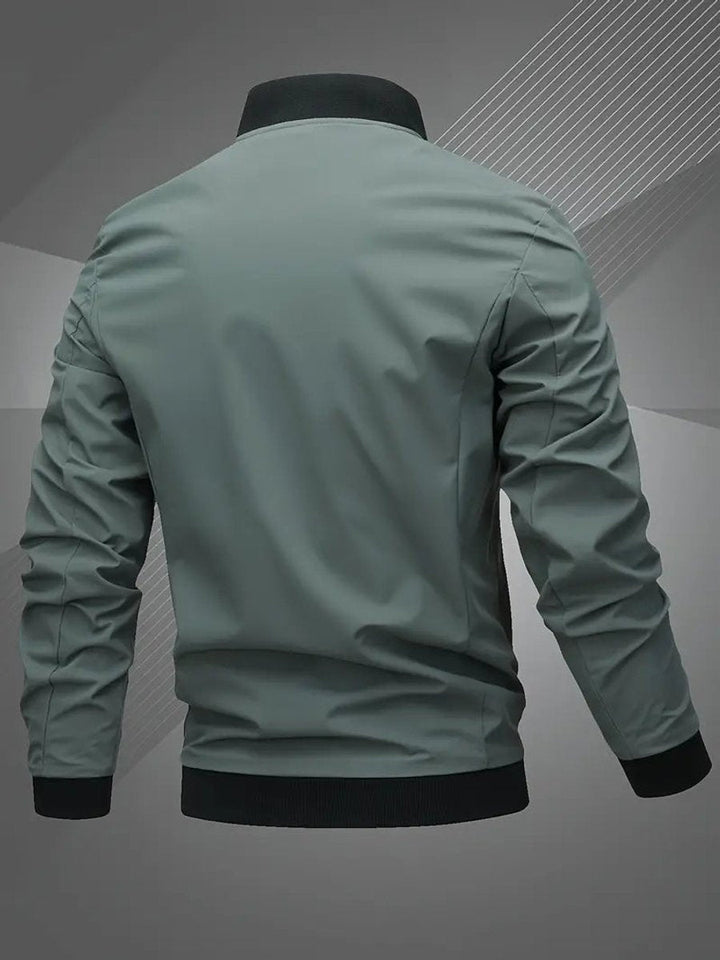 Zíper blusão bomber masculino gola baseball, funcionalidade e estilo casual para outono.