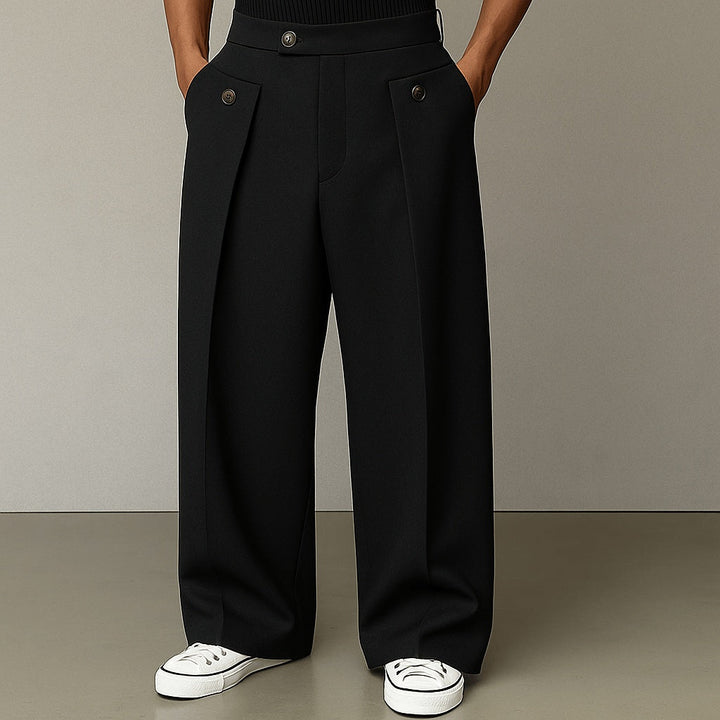 Calças masculinas wide leg confortáveis com pregas, design contemporâneo e bolsos. Perfeitas para o dia a dia.