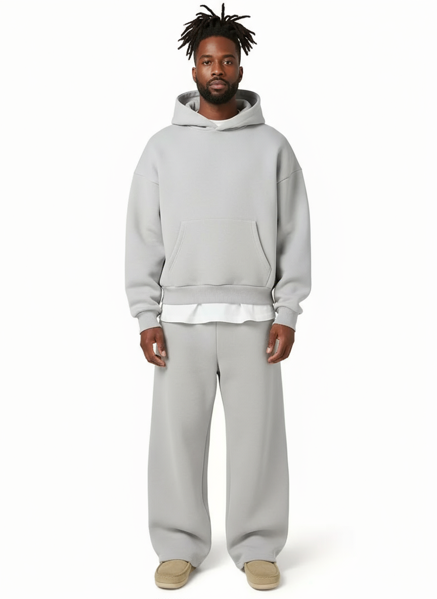Conjunto treino homem, hoodie e calças perna larga cinzas, para conforto urbano e estilo casual. Roupa desportiva versátil.