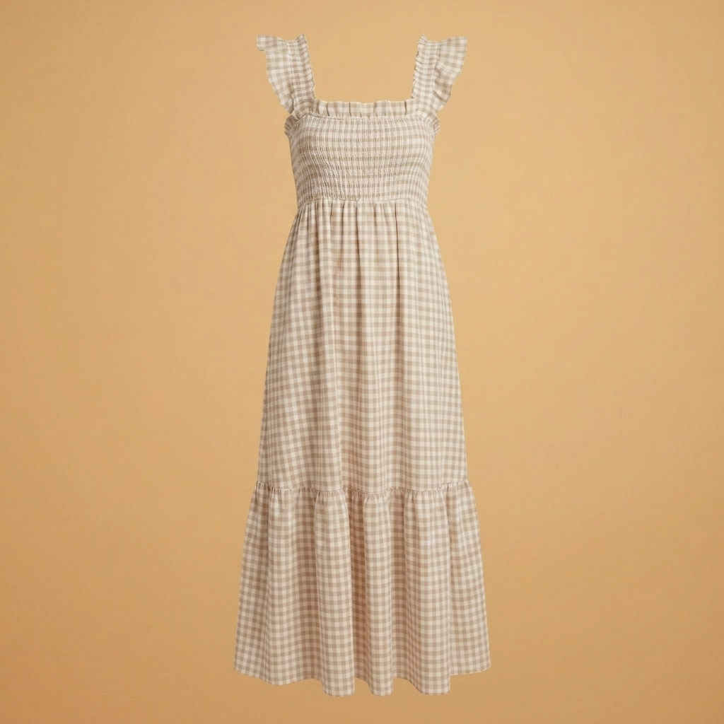 Vestido comprido xadrez para mulher com alças de folhos elegantes. Perfeito para verão casual e confortável.
