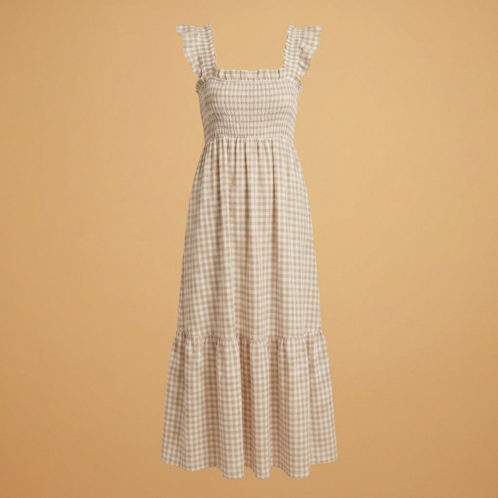 Vestido comprido xadrez para mulher com alças de folhos elegantes. Perfeito para verão casual e confortável.