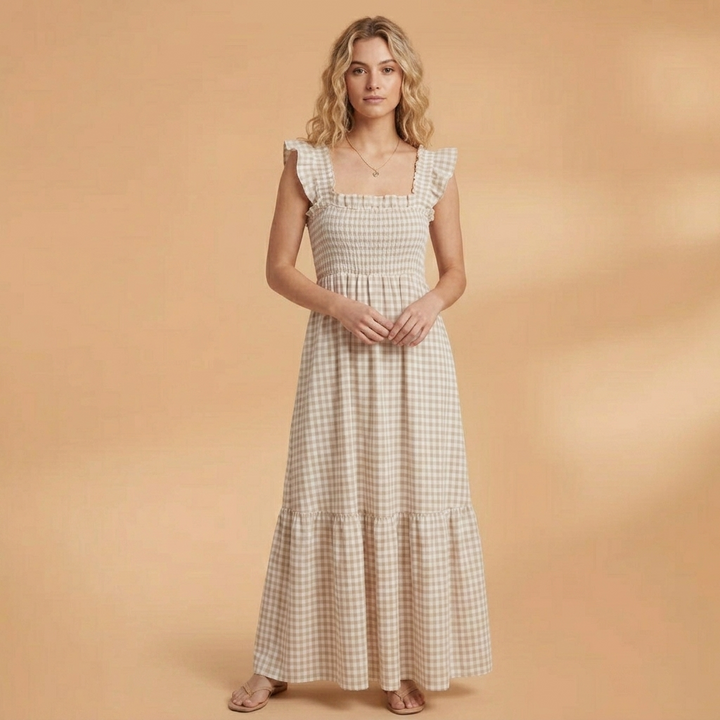 Vestido longo xadrez feminino com alças de folhos. Ideal para um look de verão elegante e casual com conforto.