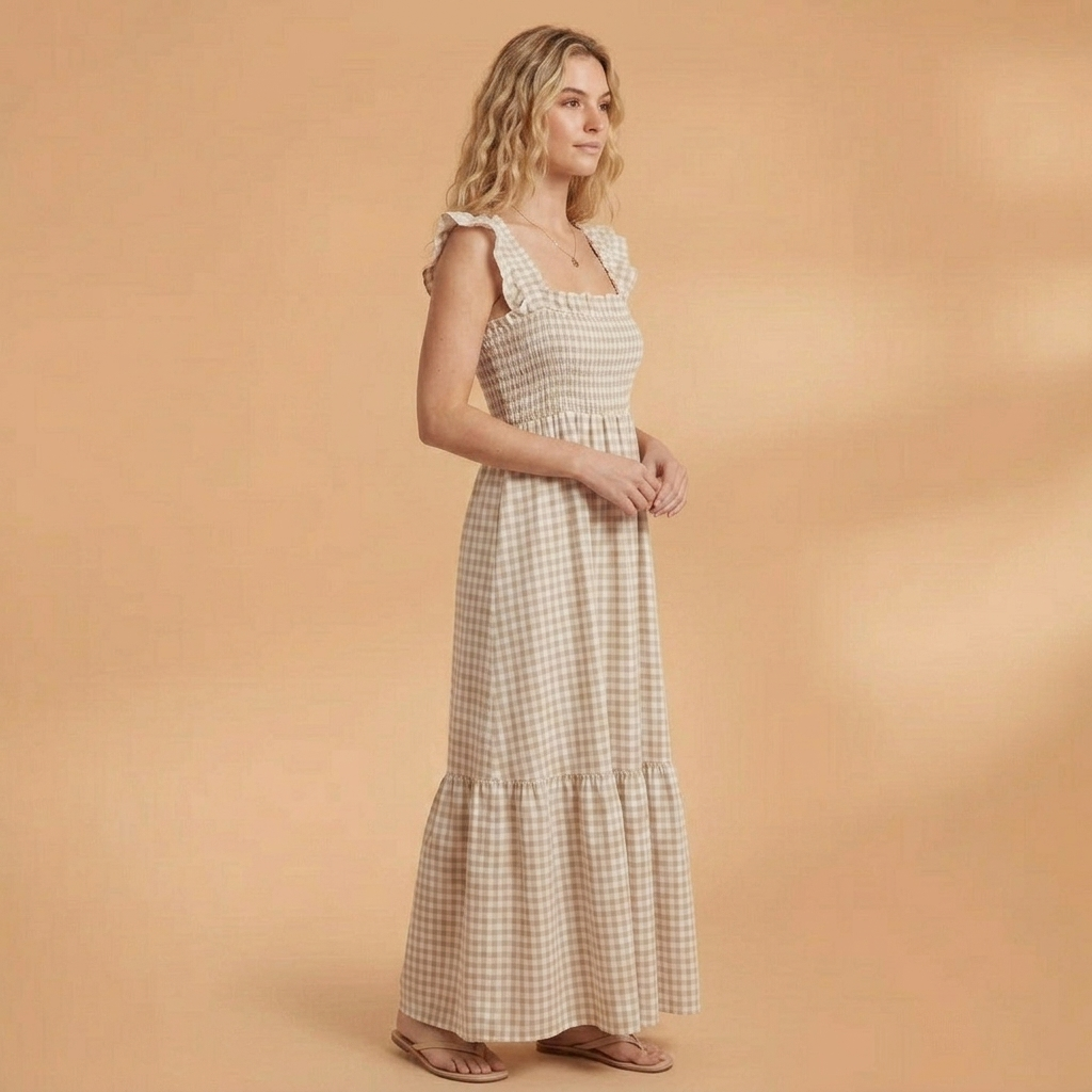 Vestido comprido de mulher em padrão xadrez, com alças de folhos. Oferece estilo e conforto no verão.