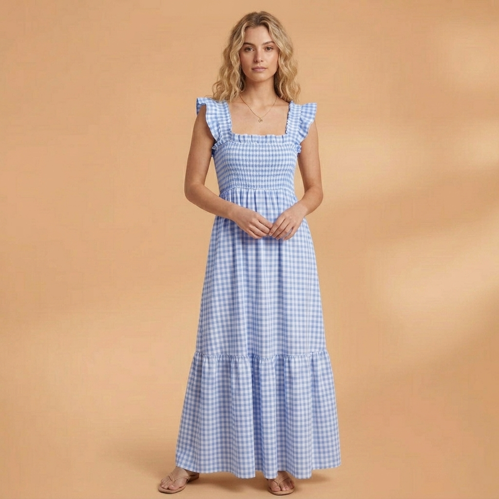 Vestido comprido feminino elegante, padrão xadrez. Detalhe de alças com folhos. Ideal para dias de verão.