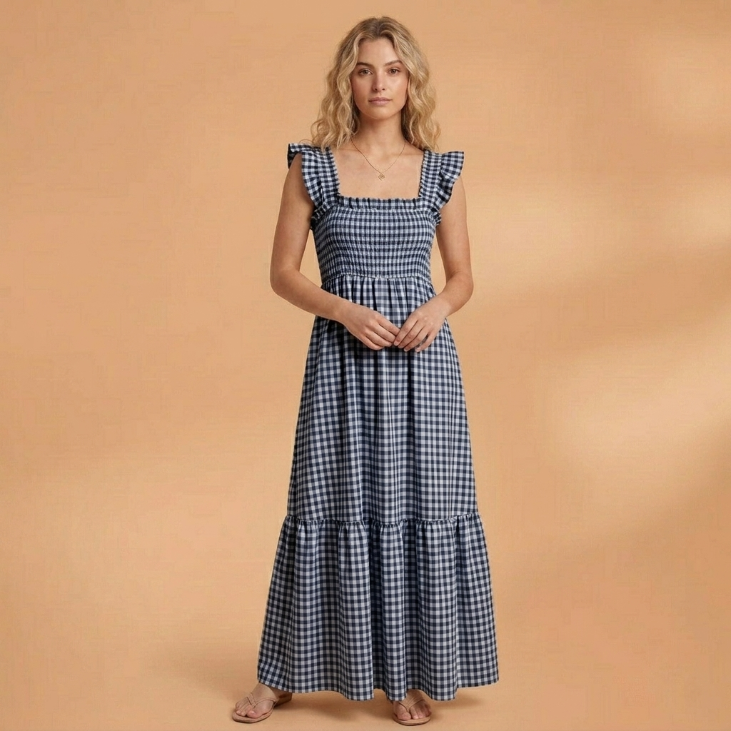 Vestido de verão comprido xadrez para mulher. Alças de folhos, design casual e confortável. Moda feminina.