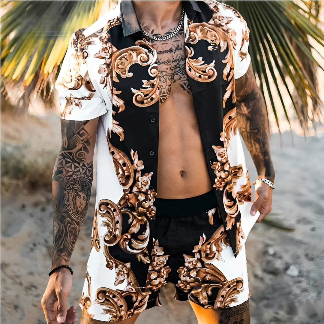 Conjunto de verão masculino casual com camisa e shorts estampados. Ideal para moda praia e conforto no calor.