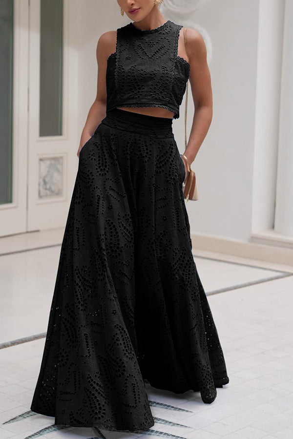 Conjunto feminino chique: saia midi cintura alta e top bordado, look ideal para o verão.