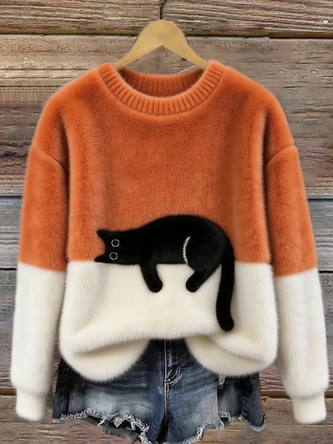 Pulôver feminino confortável com gráfico de gato, moda outono/inverno para estilo aconchegante.