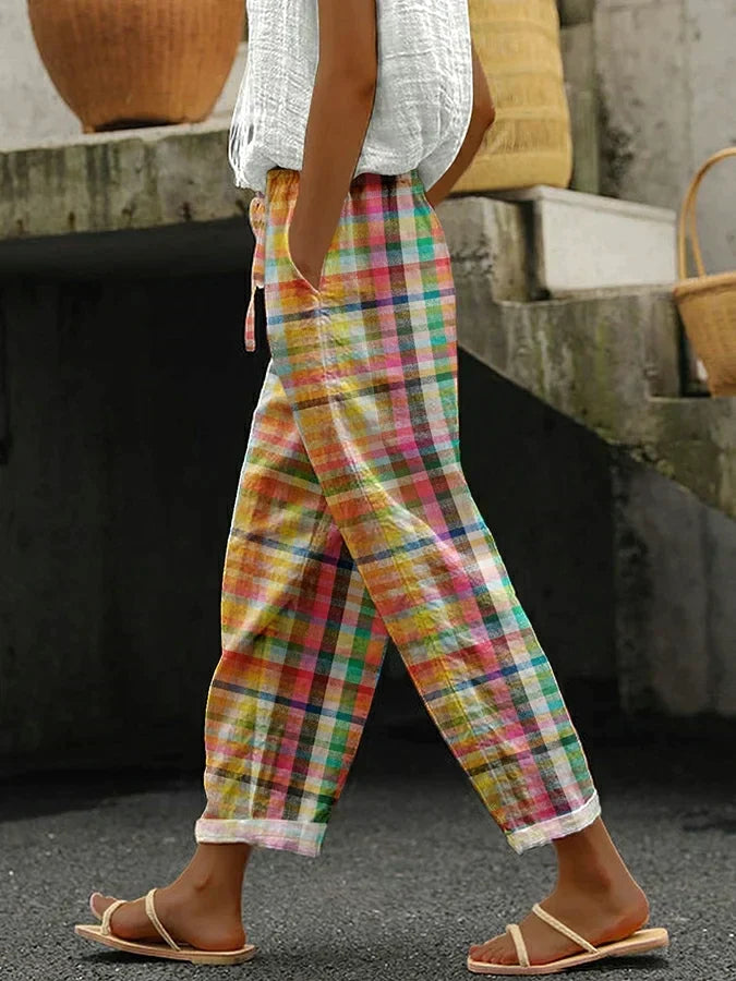 Calças femininas xadrez retrô confortáveis com cintura ajustável, multicoloridas, para um estilo casual elegante.