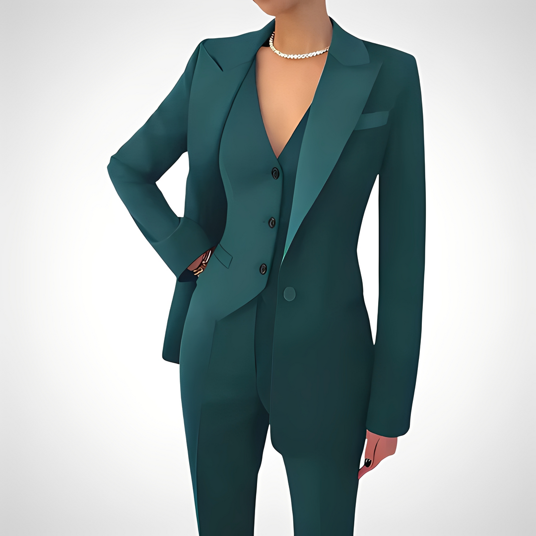 Conjunto profissional feminino de três peças para o verão. Estilo ajustado moderno, perfeito para roupa de trabalho.