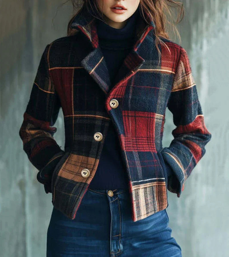 Casaco feminino xadrez vintage quente. Jaqueta elegante para moda outono/inverno, estilo clássico e intemporal.