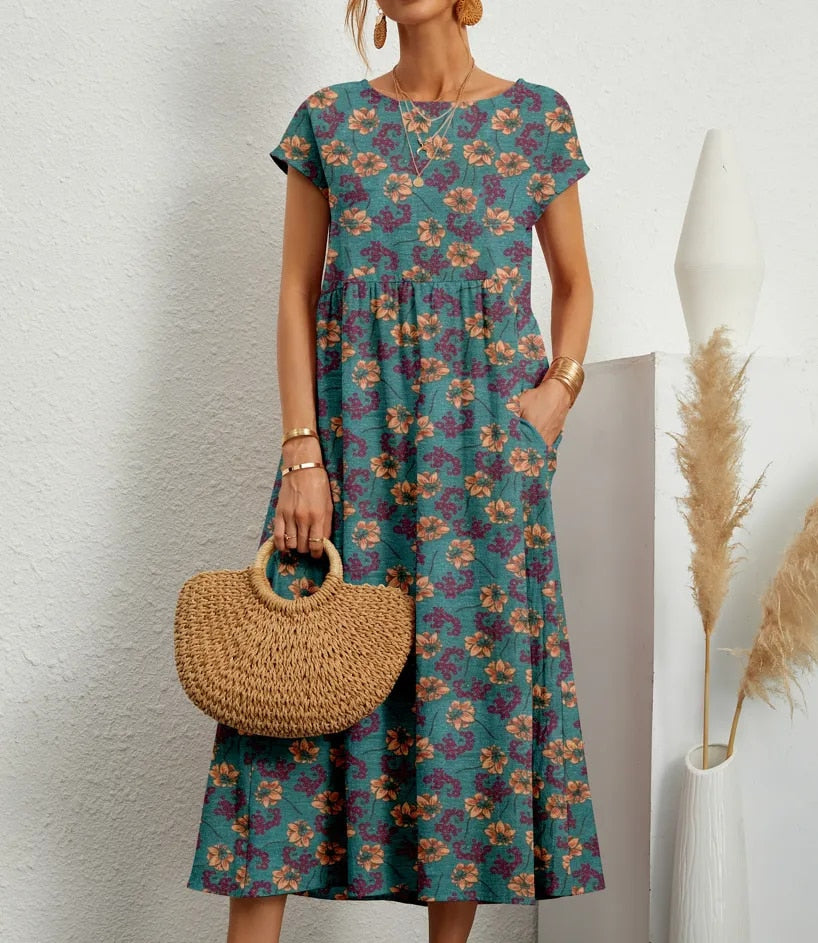 Vestido casual floral de verão para mulher, com corte A e manga curta. Confortável e estiloso.