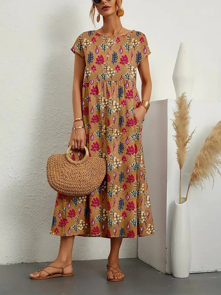 Vestido feminino floral de verão com corte A e manga curta. Ideal para um look casual e confortável.