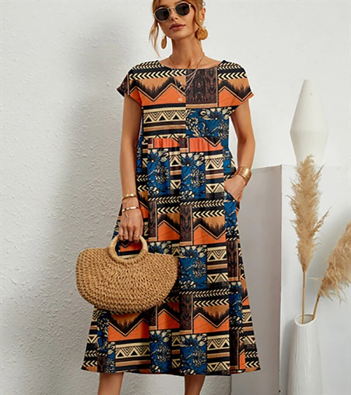 Vestido elegante floral para mulher, perfeito para o verão. Apresenta corte A e manga curta.