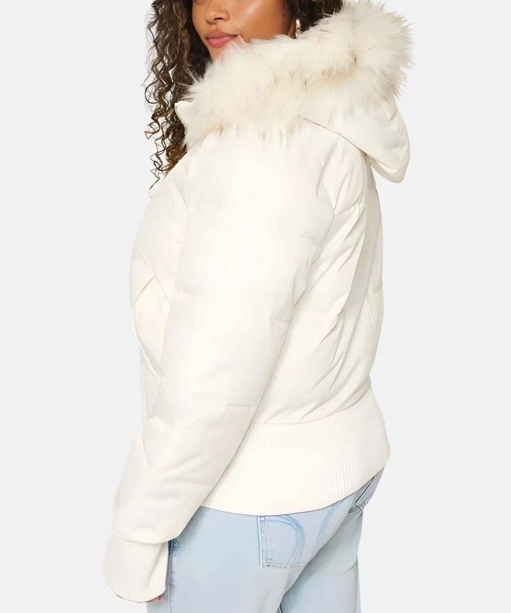 Casaco feminino elegante e acolchoado, com capuz e pelo sintético, moda outono-inverno.