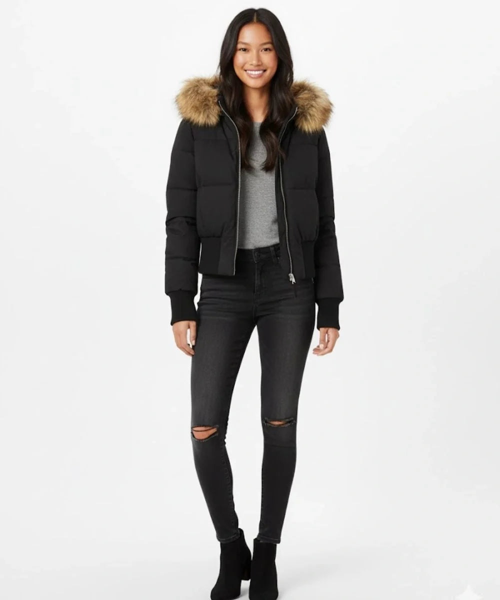 Casaco acolchoado feminino para outono/inverno, com capuz e gola de pelo sintético.