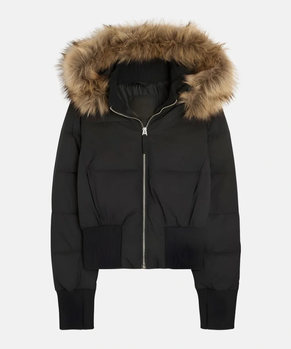 Moda mulher: casaco acolchoado feminino super quente com capuz e pelo sintético.
