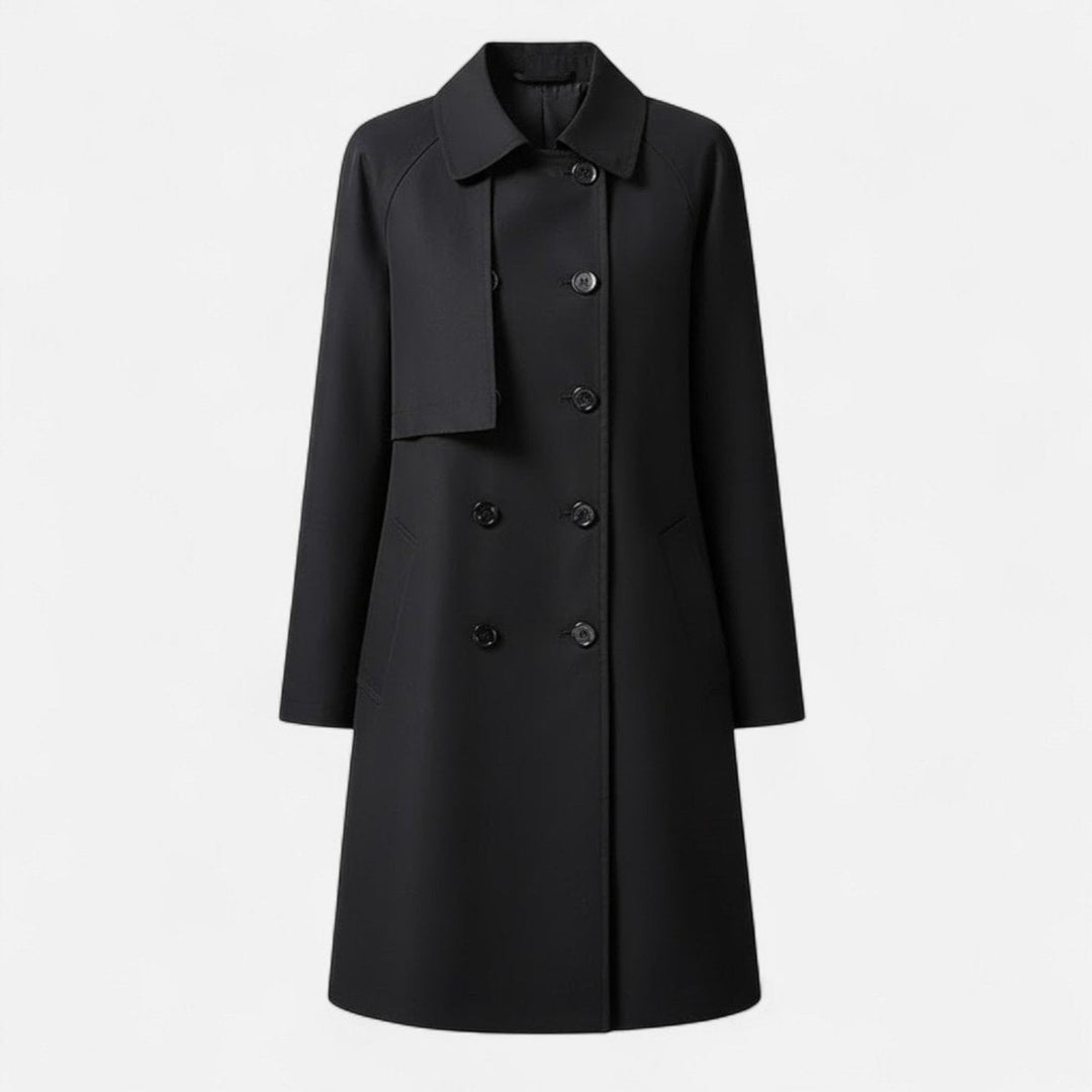 Gabardina midi feminina elegante de lã preta com botões duplos, perfeita para outono/inverno.