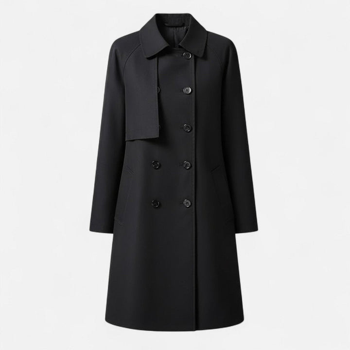 Gabardina midi feminina elegante de lã preta com botões duplos, perfeita para outono/inverno.