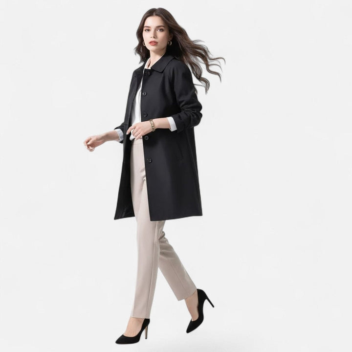 Casaco gabardina midi feminino em lã azul marinho, botões duplos, estilo versátil outono/inverno.