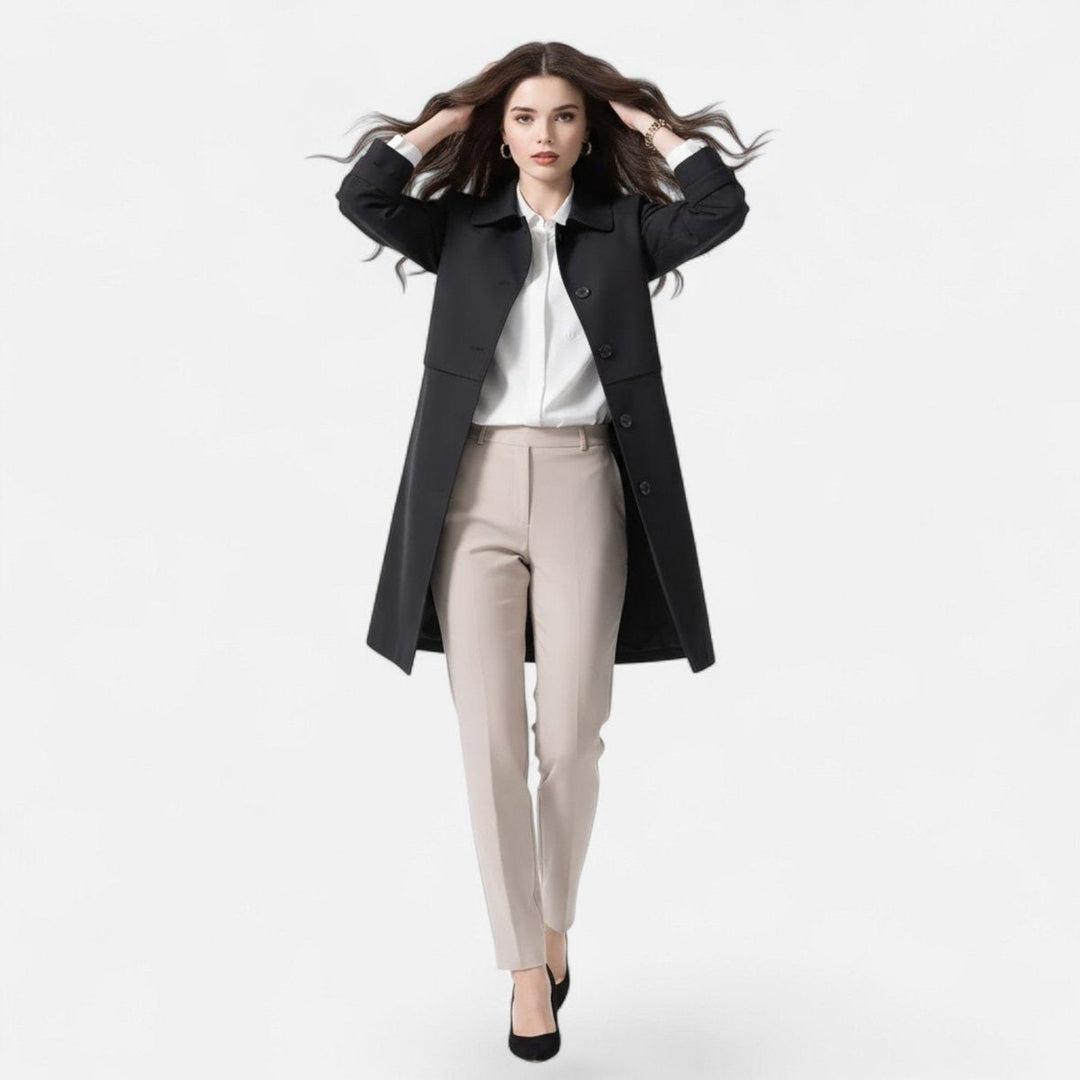 Gabardina midi feminina de lã, com botões duplos, ideal para um look elegante no outono e inverno.