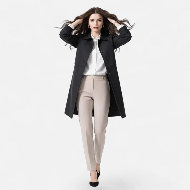 Gabardina midi feminina de lã, com botões duplos, ideal para um look elegante no outono e inverno.