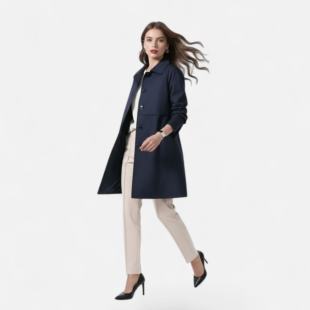 Casaco midi feminino de lã para outono/inverno. Gabardina elegante com botões duplos, versátil.