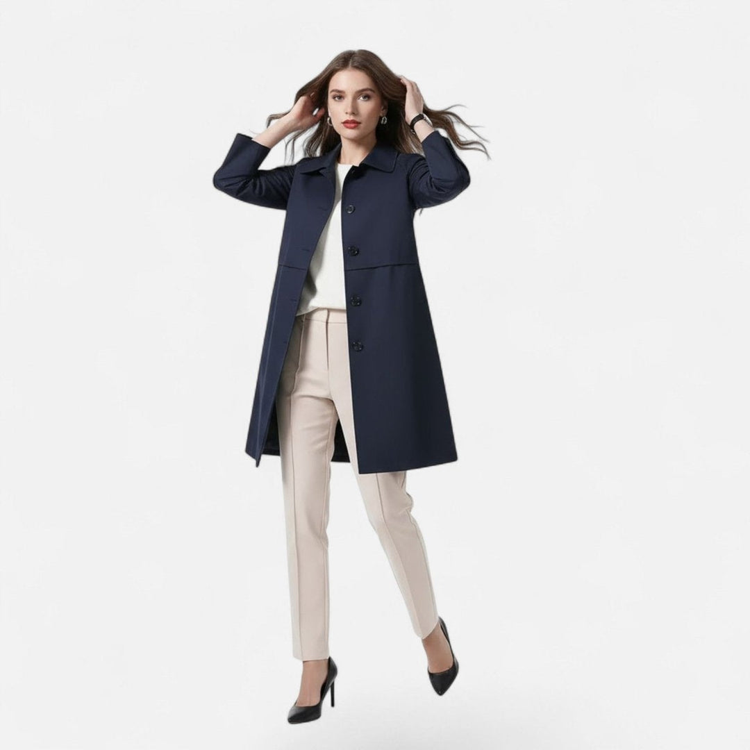 Gabardina midi feminina de lã preta ou azul marinho. Casaco elegante com botões duplos para o inverno.