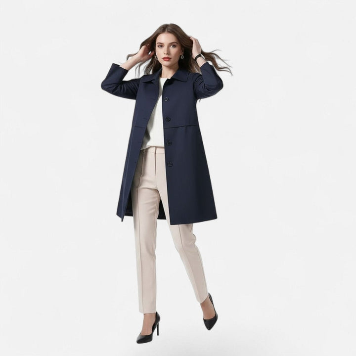 Gabardina midi feminina de lã preta ou azul marinho. Casaco elegante com botões duplos para o inverno.