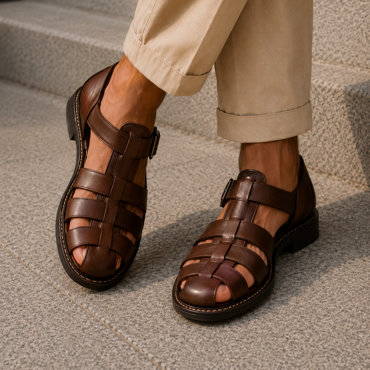Sandálias para homem, estilo pescador. Conforto e proteção ajustáveis para um look casual de verão. Ideal para viagens.