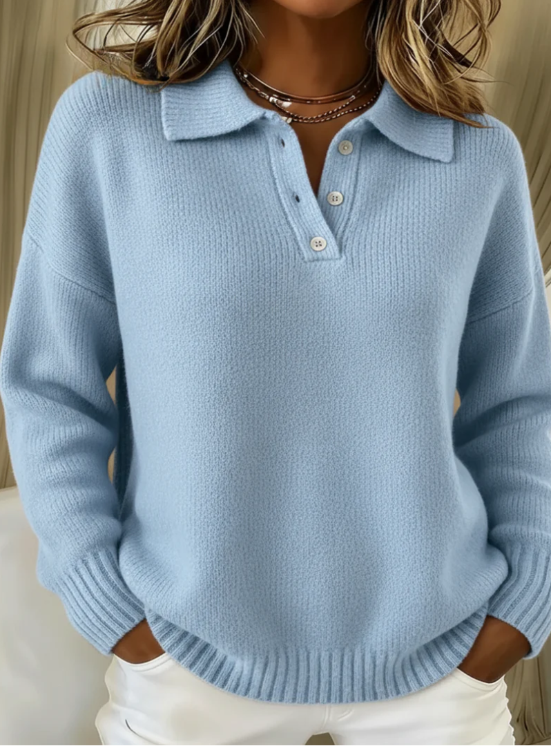 Camisola de malha polo feminina elegante com manga comprida, ideal para outono/inverno, estilo casual e confortável.