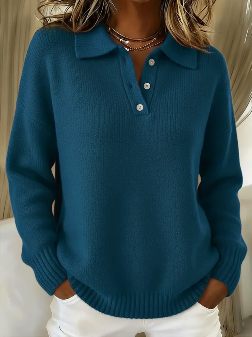 Camisola de malha feminina de manga comprida, estilo polo, confortável e quente para o outono e inverno.