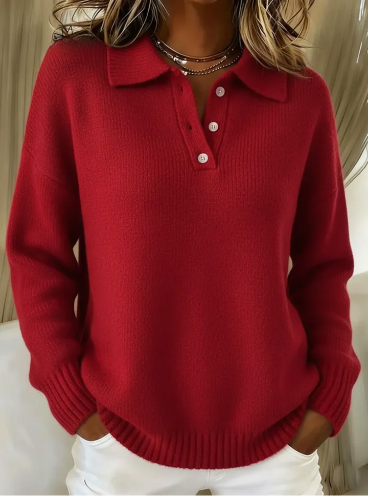 Camisola feminina de malha polo com manga comprida, design elegante e versátil para looks casuais de outono.