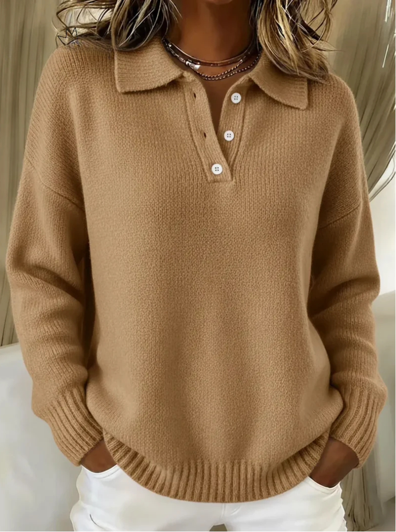 Camisola de malha feminina estilo polo, manga comprida, oferece elegância e conforto para o inverno casual.