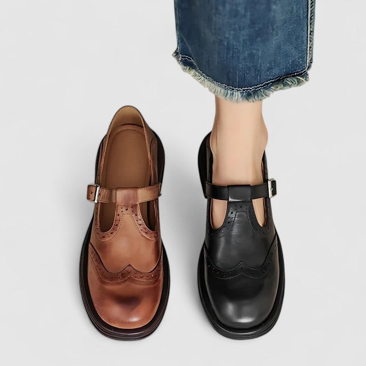 Sapatos femininos clássicos Mary Jane Oxford, com brogue e fivela, para um visual elegante e confortável.