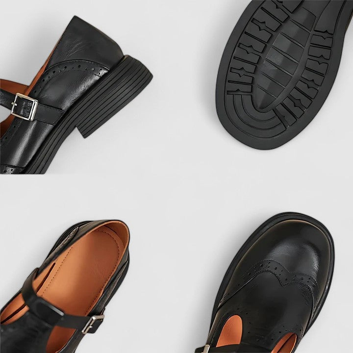 Sapatos Mary Jane Oxford femininos com design atemporal, fivela decorativa e perfurações brogue.