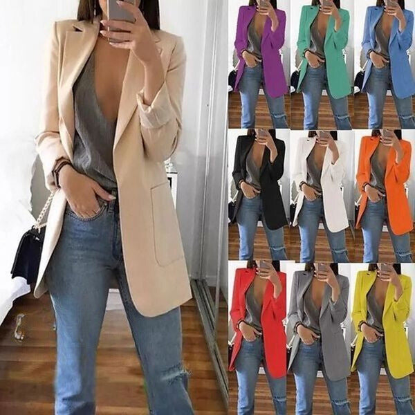 Jaqueta blazer feminina versátil para trabalho ou casual. Roupa de moda e estilo.