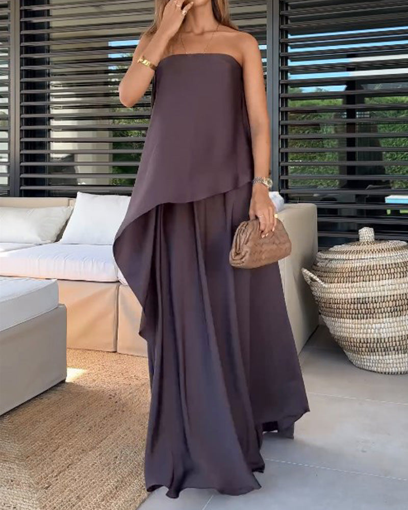 Conjunto feminino marrom elegante, saia midi e top cropped, perfeito para look versátil casual ou festa.
