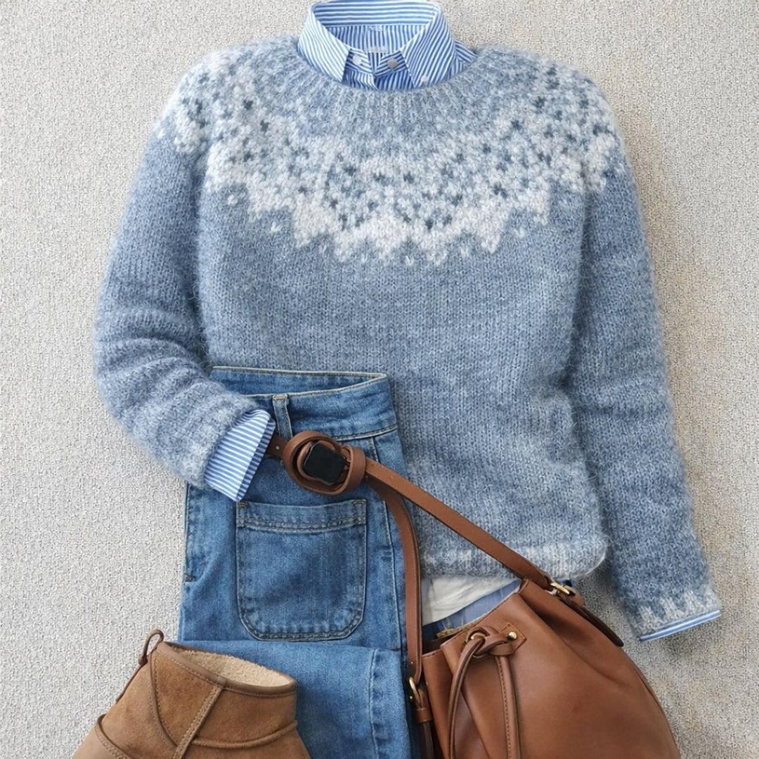 Camisola de lã feminina padrão Fair Isle gola redonda. Malha quentinha e confortável estilo nórdico para inverno.