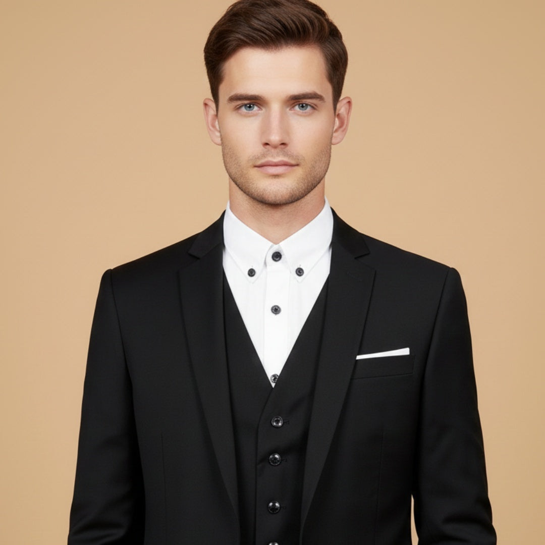 Terno masculino de três peças, clássico e confortável, para noivos e convidados de casamento.